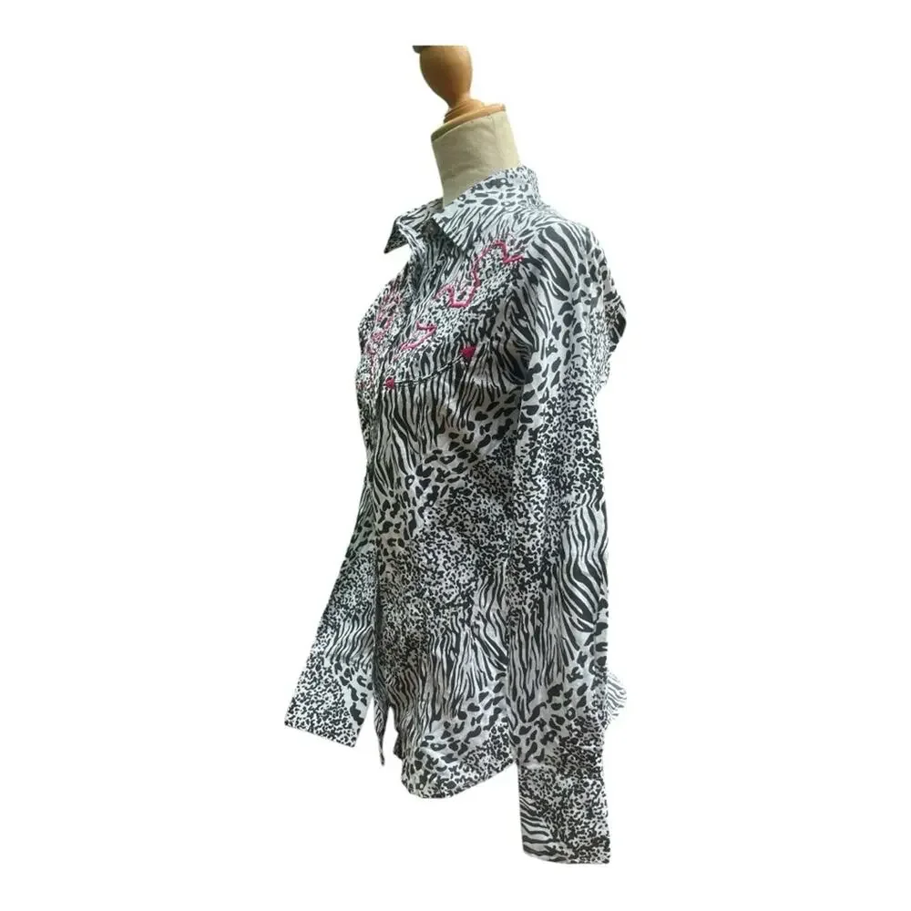 Sherry Cervi Animal Print Pink Embroidery Pearl Snap Shirt NWT S Rodeo Western